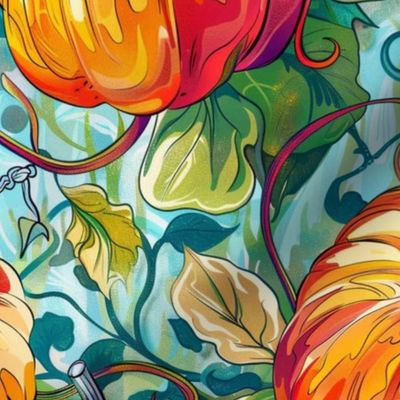 art nouveau pumpkin botanical in orange red and blue green