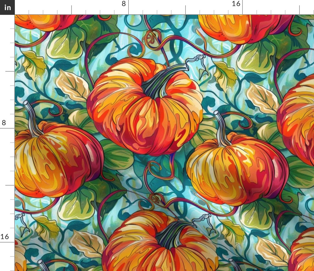 art nouveau pumpkin botanical in orange red and blue green