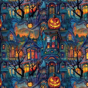 gothic spooky haunted house in purple blue and orange gold