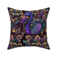 art nouveau teal purple peacock  with gold feathers