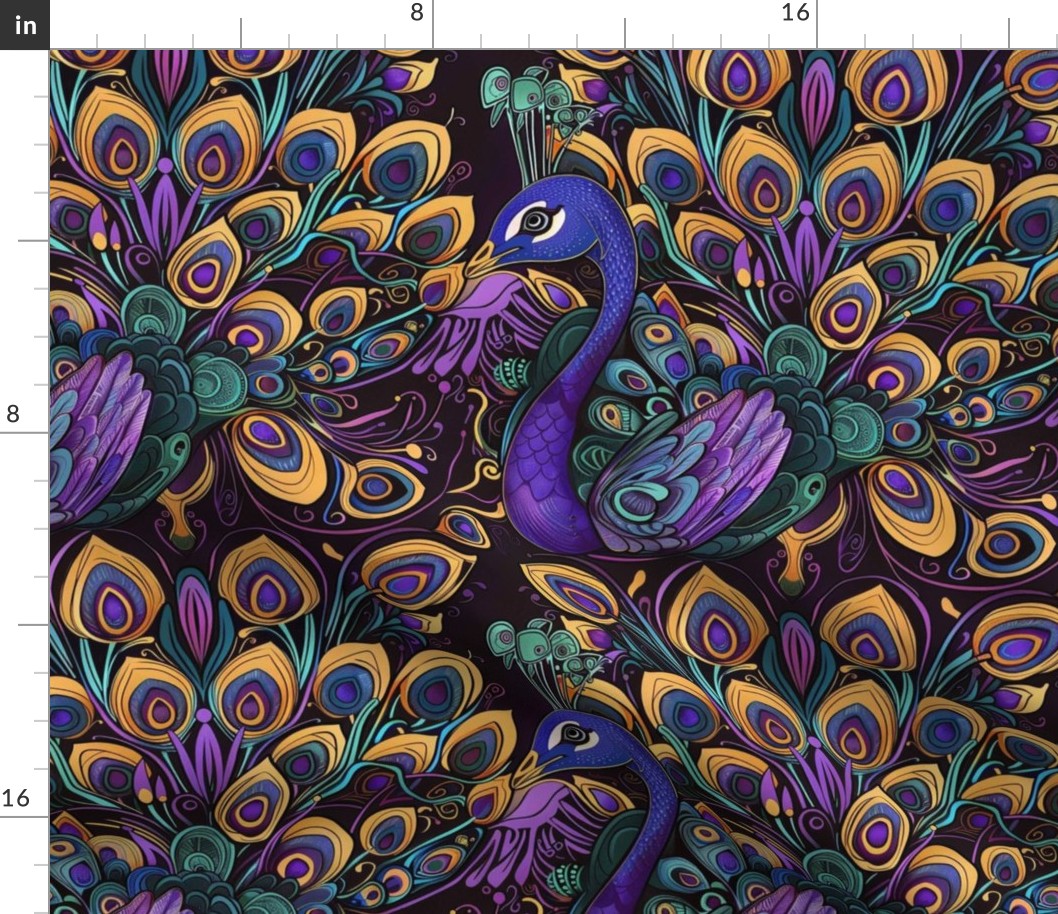 art nouveau teal purple peacock  with gold feathers