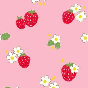 Strawberries and white flowers on Pink  