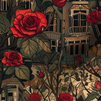 art nouveau red rose botanical haunted house
