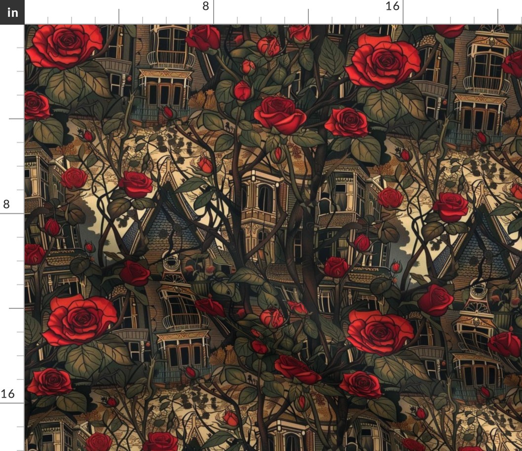 art nouveau red rose botanical haunted house