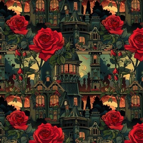 art nouveau haunted house red rose botanical