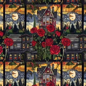art nouveau red rose haunted house stained glass