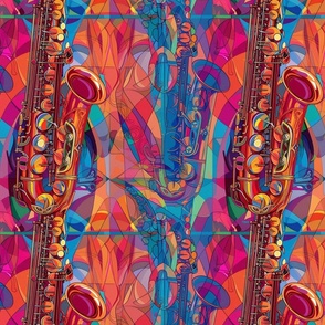 art deco watercolor abstract saxophone in orange red and purple blue