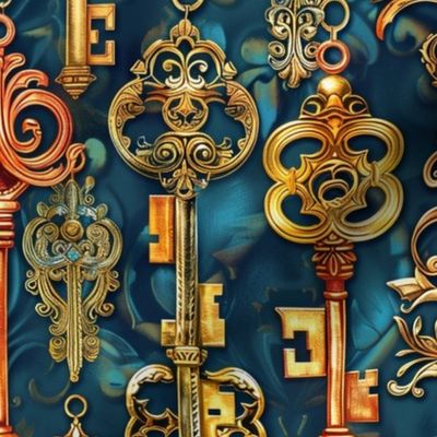 copper gold skeleton keys on blue