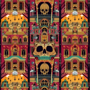 art nouveau gold and pink skeleton haunted house