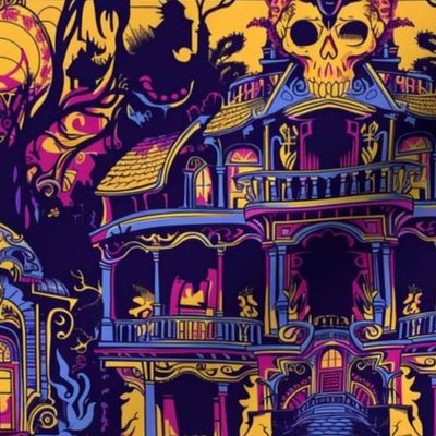 art nouveau haunted house in purple pink and gold