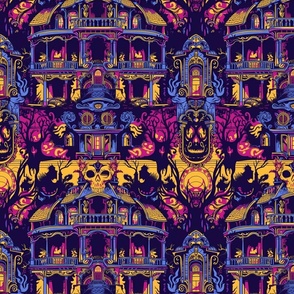 art nouveau haunted house in purple pink and gold