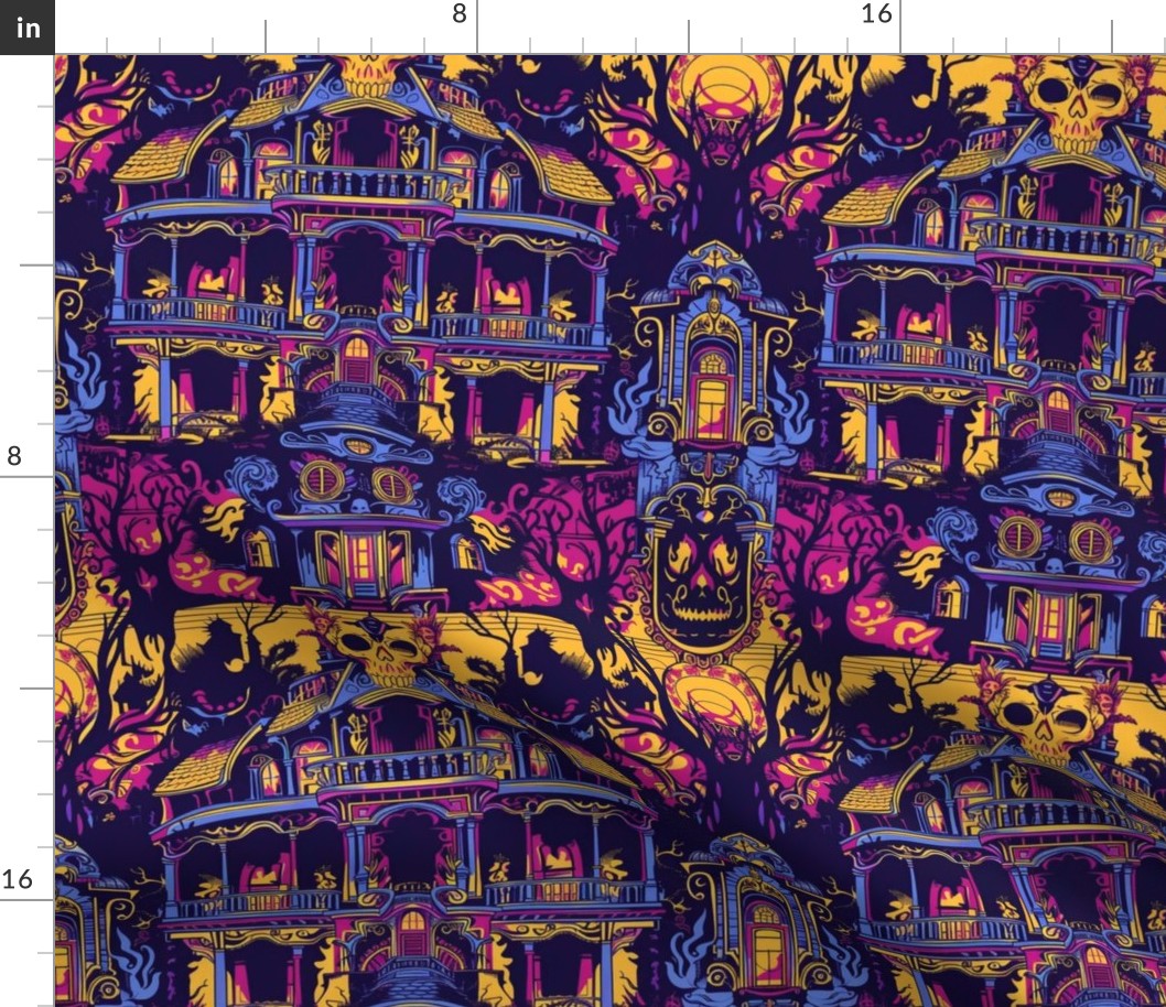 art nouveau haunted house in purple pink and gold