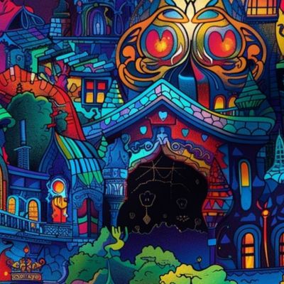 art nouveau haunted house in blue green and red gold