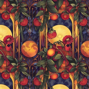 art nouveau strawberry moon in orange red and purple blue