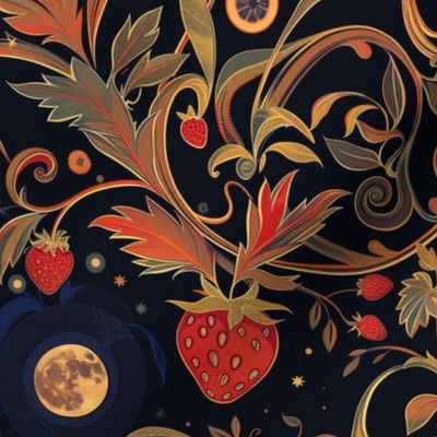 art nouveau gold green strawberries under the full moon