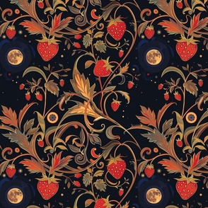art nouveau gold green strawberries under the full moon