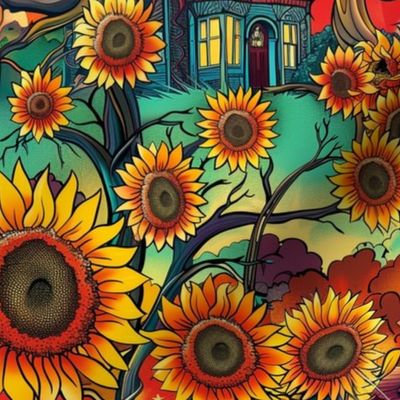 art nouveau house in the sunflower fields