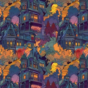 orange gold spooky haunted house of purple and blue