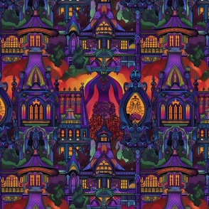 brilliant orange red and purple blue haunted house