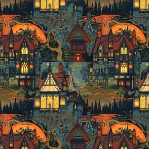 gothic haunted house in blue and orange