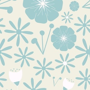 Retro Floral Fun - Soft Pastel Teal.