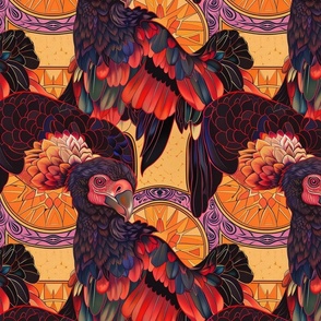 art nouveau vultures of orange gold and red