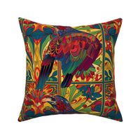 art nouveau tropical botanical in red gold orange and blue green