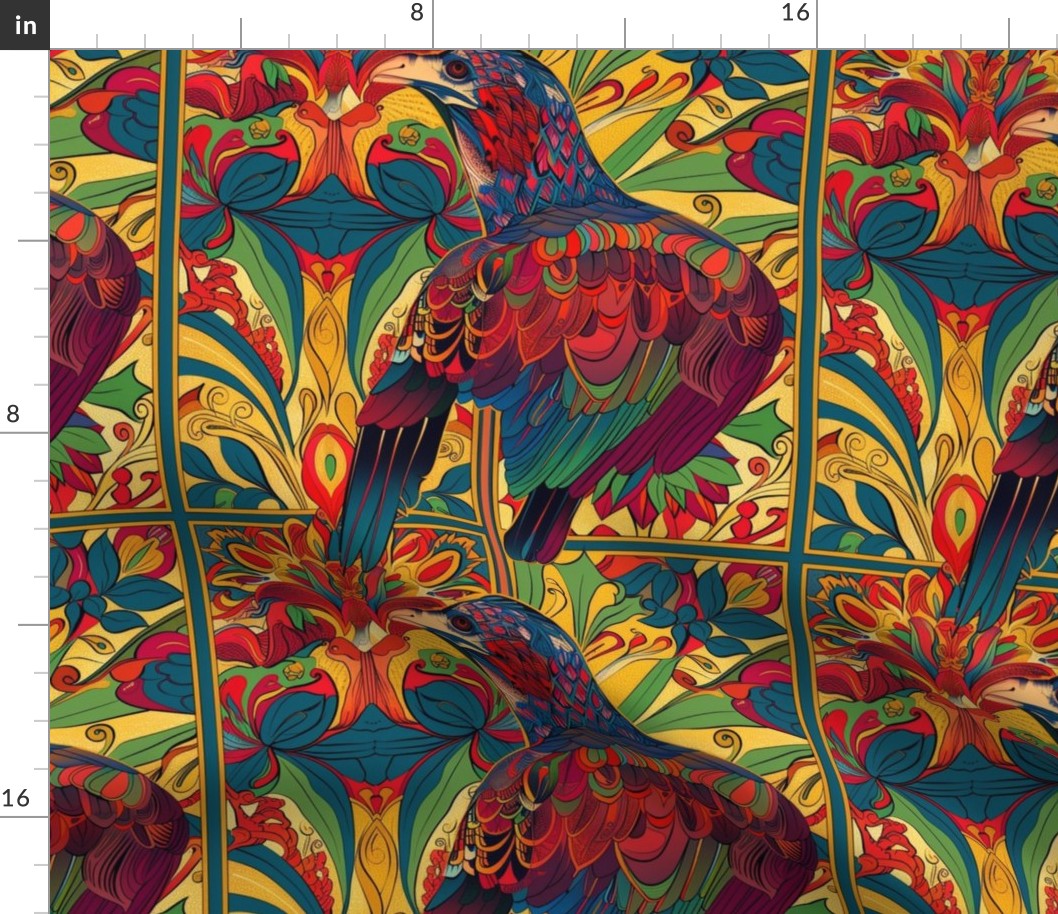 art nouveau tropical botanical in red gold orange and blue green