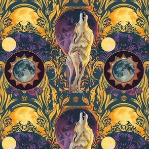 art nouveau wolf howling at full moon sun in yellow purple