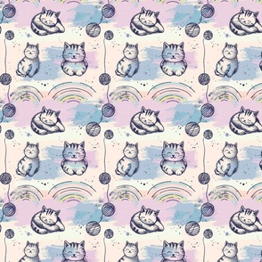 Cute Sketch Illustration of Kittens, Yarn Balls, and Rainbows Against Patchy Pastel Blue and Pink Background
