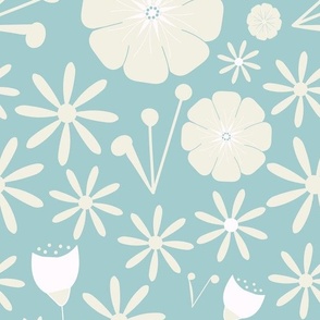 Retro Floral Fun - Cream And White On Soft Teal.