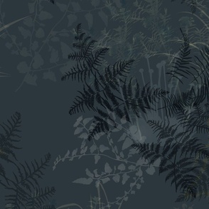 Dark and Moody Botanical Forest Ferns, Leaves, Midnight Blue Floral, Large