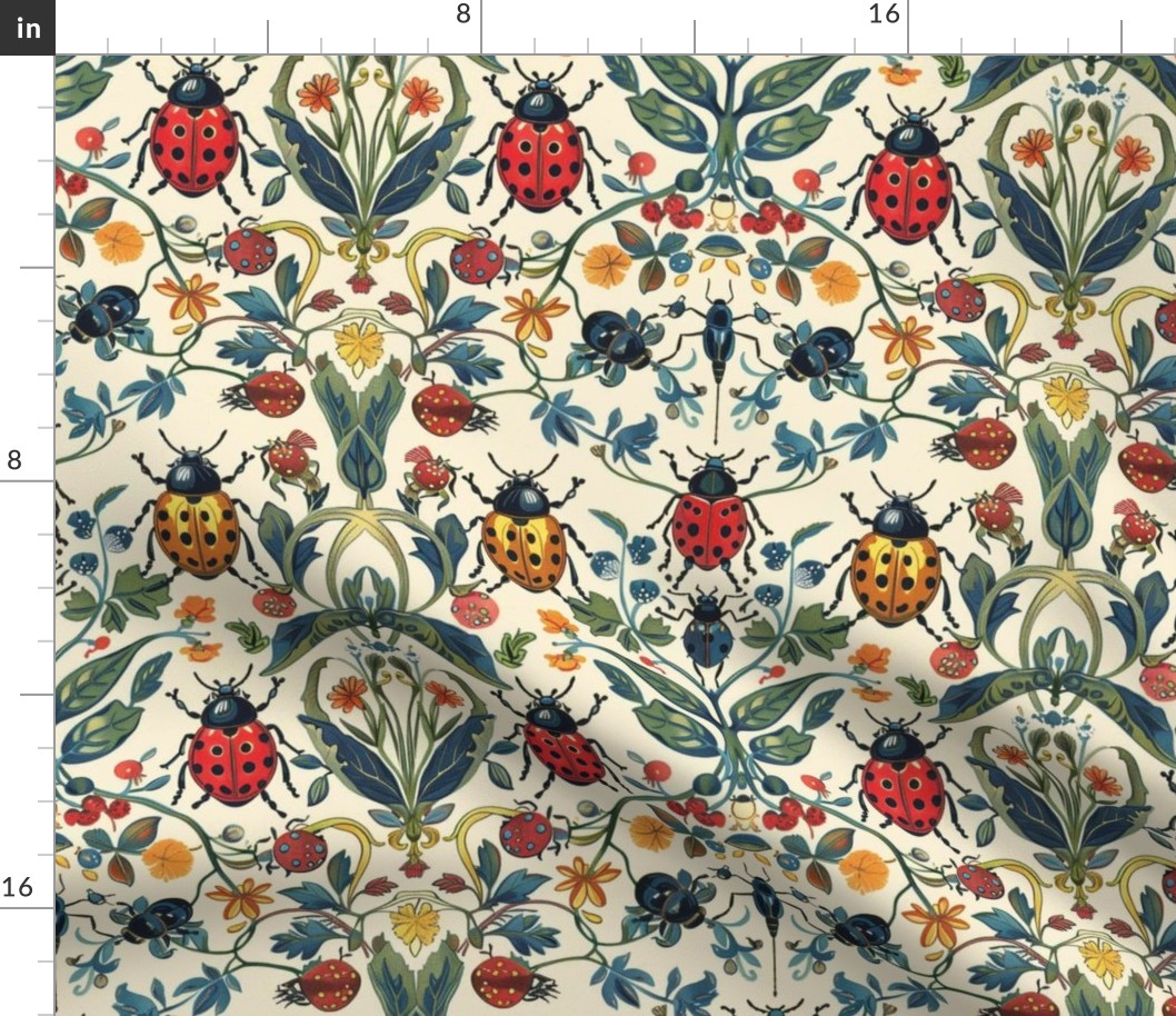 art nouveau yellow and red lady bugs inspired by william morris