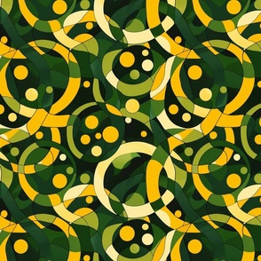 art nouveau geometric abstract snakes and polka dots in green and yellow