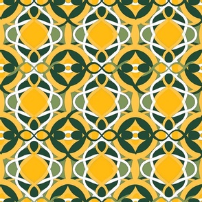 art nouveau geometric celtic knotwork in green and yellow