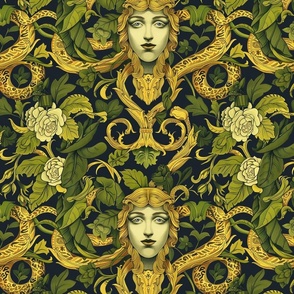 art nouveau botanical snake medusa with yellow and green roses