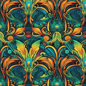 art nouveau psychedelic tropical floral in yellow orange gold and blue green