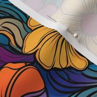 tropical art deco summer floral in orange gold and purple blue