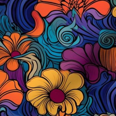 tropical art deco summer floral in orange gold and purple blue