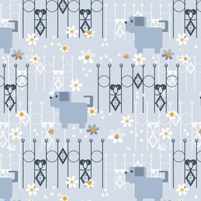 light blue children's pattern with dogs and daisies retro decor