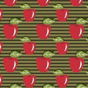 c007 medium small scale warm red and olive green bold retro graphic autumn apples and leaves for kitchen wallpaper, tea towels, napkins, table runners, kids apparel, patchwork and quilting