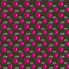 c007 medium small scale forest green and hot pink bold retro graphic autumn apples and leaves for kitchen wallpaper, tea towels, napkins, table runners, kids apparel, patchwork and quilting