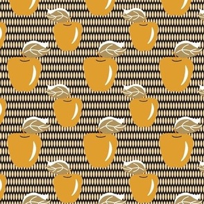 c007 medium small scale mustard and slate gray bold retro graphic autumn apples and leaves for kitchen wallpaper, tea towels, napkins, table runners, kids apparel, patchwork and quilting