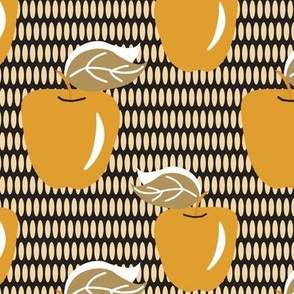 c007 large scale mustard, cream and charcoal bold retro graphic summer apples and leaves for kitchen wallpaper, curtains, pillows, table runners and kids apparel