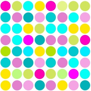  bright multi-colored neon polka dots on a white background