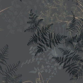 Dark and Moody Botanical Forest Ferns and Leaves, Blue-Gray Floral, Large