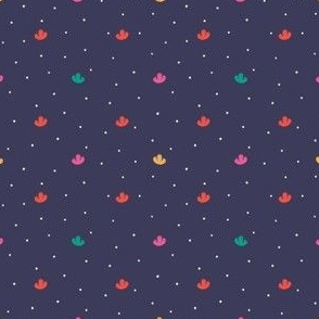 Tiny scale / Micro mini small ditsy flowers and little polka dots / bright pink red yellow green florals on navy blue dark moody ceiling minimal night sky background