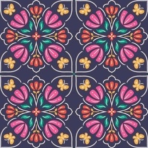 Tiny scale / Mandala florals and butterflies on navy / micro mini small multicolored symmetrical folk art flowers in pink red green with decorative yellow butterfly on dark navy blue background