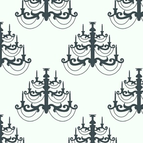 Black chandelier on a pale blue white background
