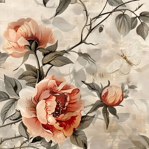 Vintage Peach Roses with gold and white butterflies  XL - retro classic floral cream and beige